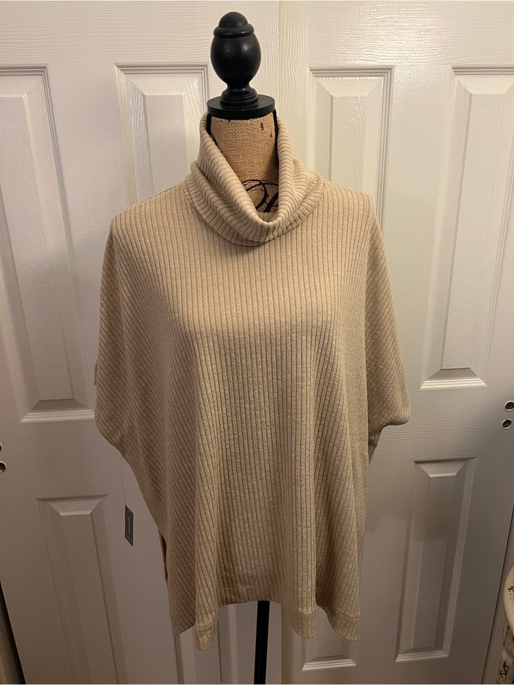 Van Heusen Beige Ribbed Cowl Poncho Sweater
